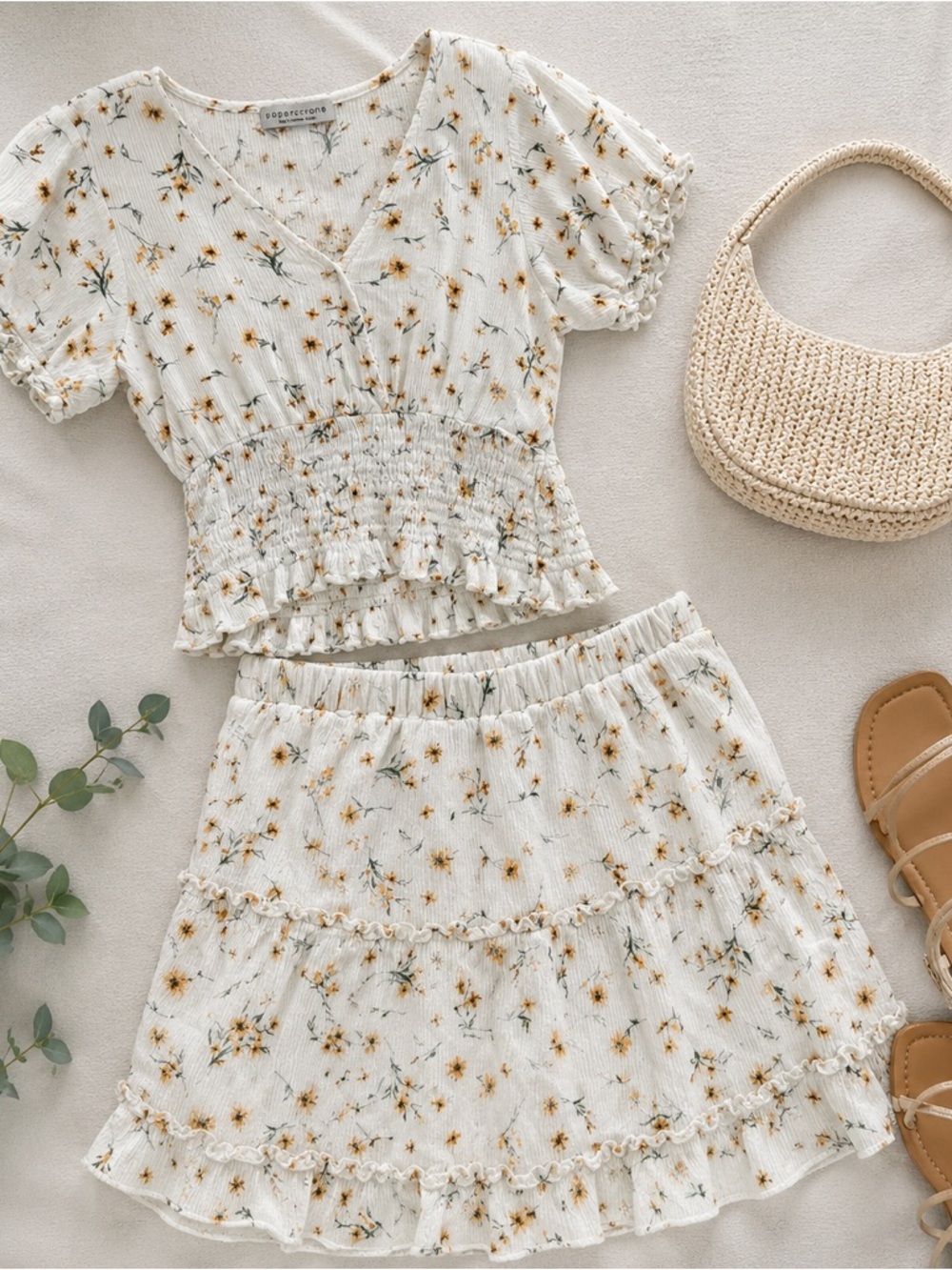 Paper Crane Floral Two Piece Set XS Cottagecore Smocked Crop Top Mini Skirt